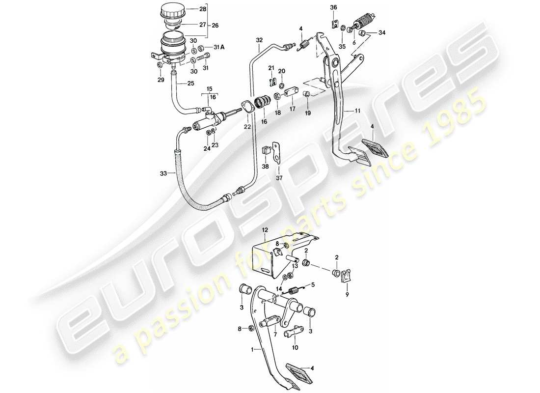 porsche 1986 (944) brake - clutch - pedals part diagram