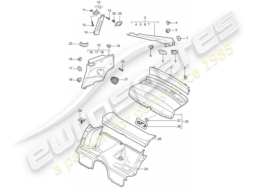 porsche 2008 (997-1 gt3) trims part diagram