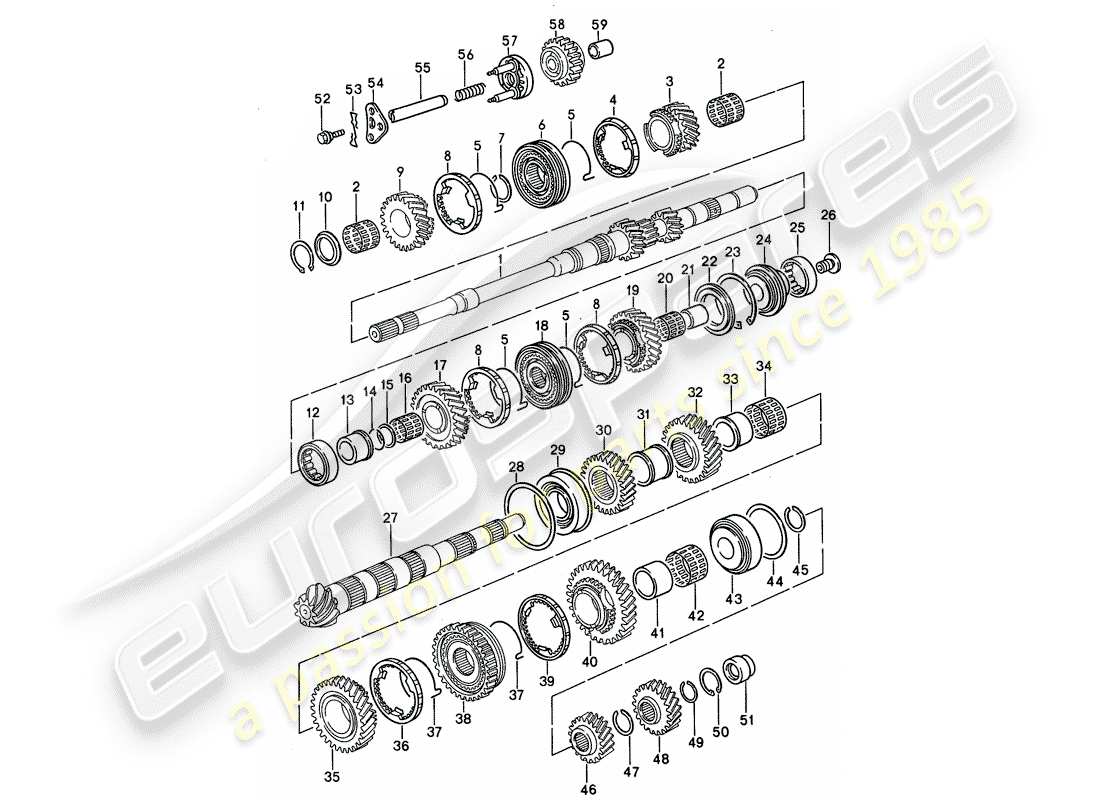 porsche 1992 (968) manual gearbox - gears and shafts parts diagram