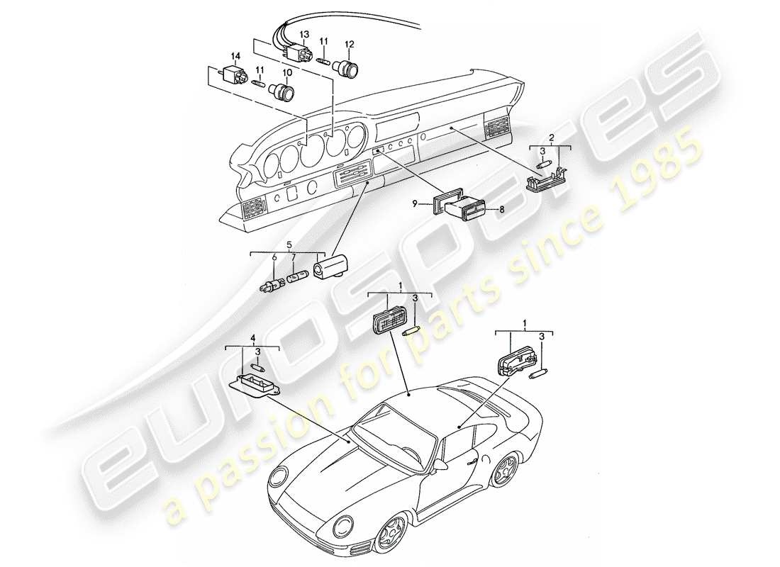porsche 1987 (959) warning lights - interior lights parts diagram