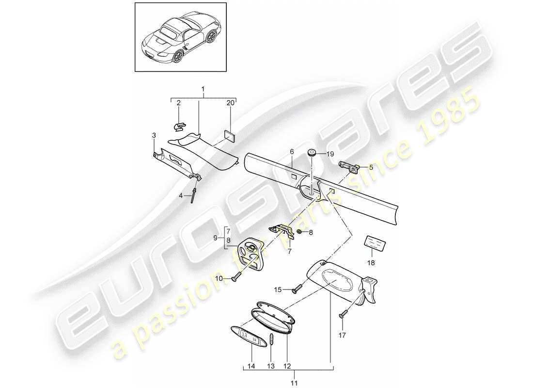 porsche 2009 (987 boxster) windshield frame part diagram