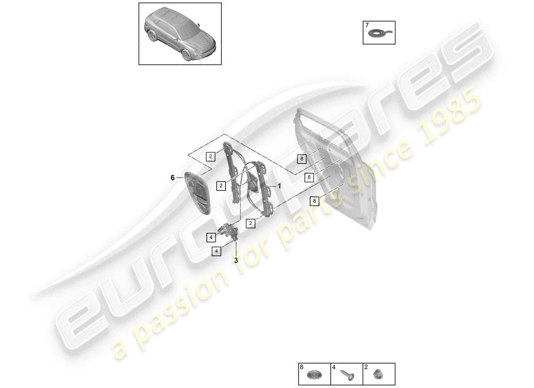 porsche 2020 (cayenne e3 9ya/9yb) window regulator part diagram