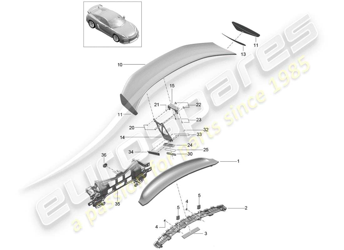 porsche cayman gt4 (2016) rear spoiler parts diagram