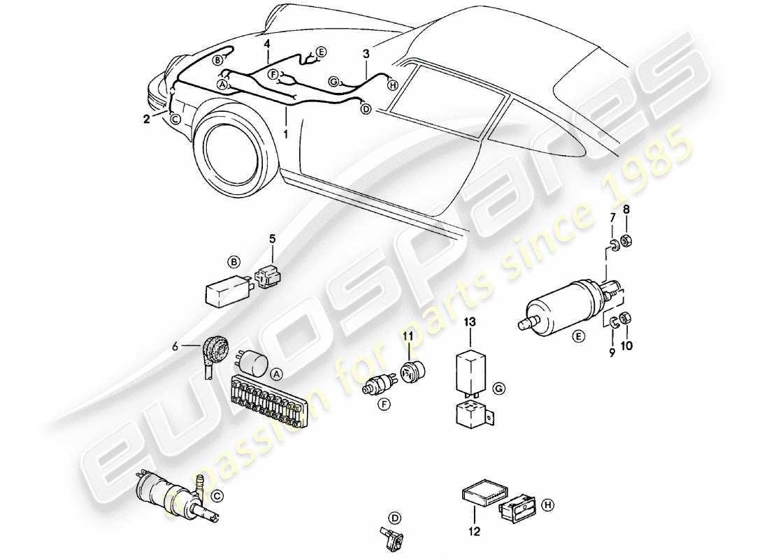 porsche 1981 (911) wiring harnesses - headlight washer system - warning light - fuel pump part diagram