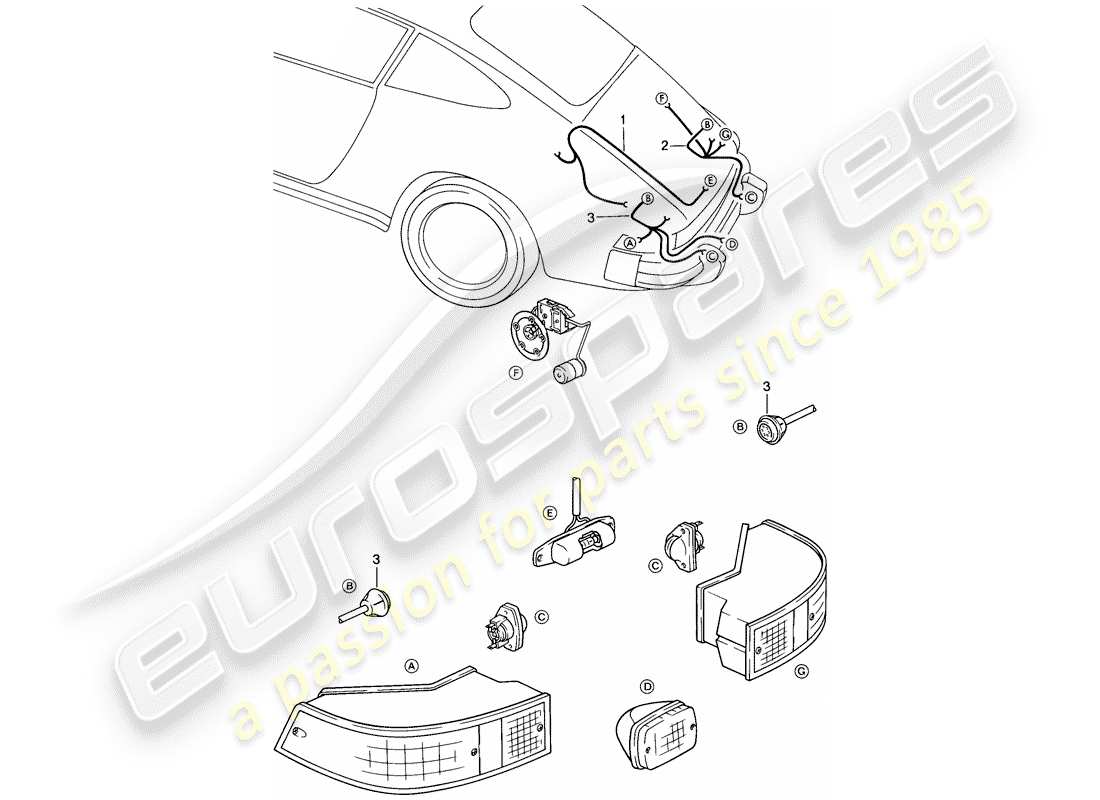 porsche 1986 (911) wiring harnesses - engine compartment light - rear light part diagram