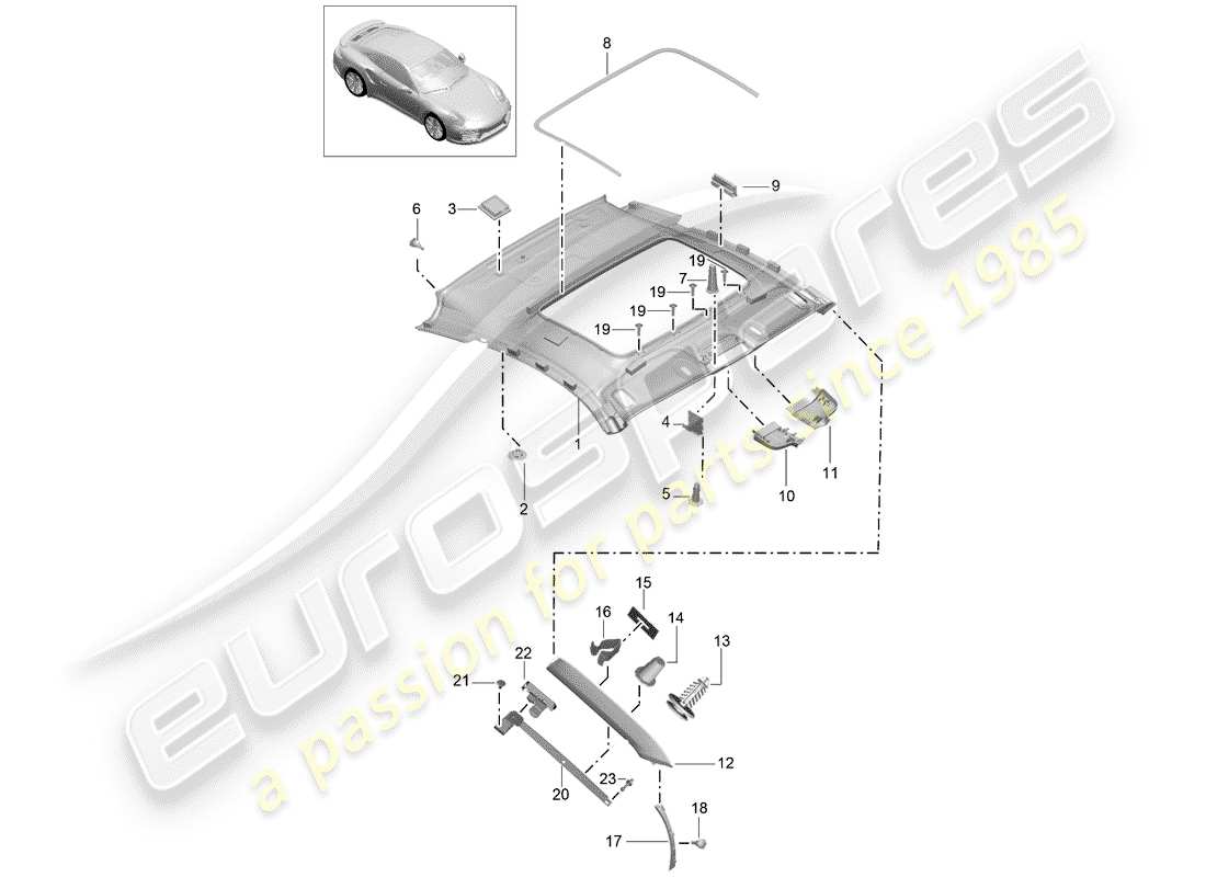 porsche 2019 (991-2) roof trim panel part diagram