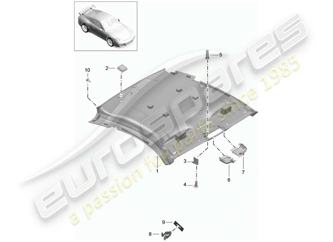 porsche 991r/gt3/rs (2014) roof trim panel parts diagram