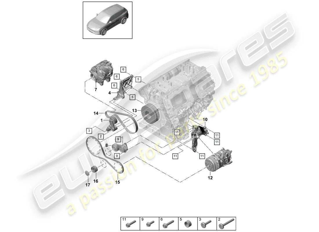 porsche 2018 (cayenne e3 9ya/9yb) v-ribbed belt part diagram