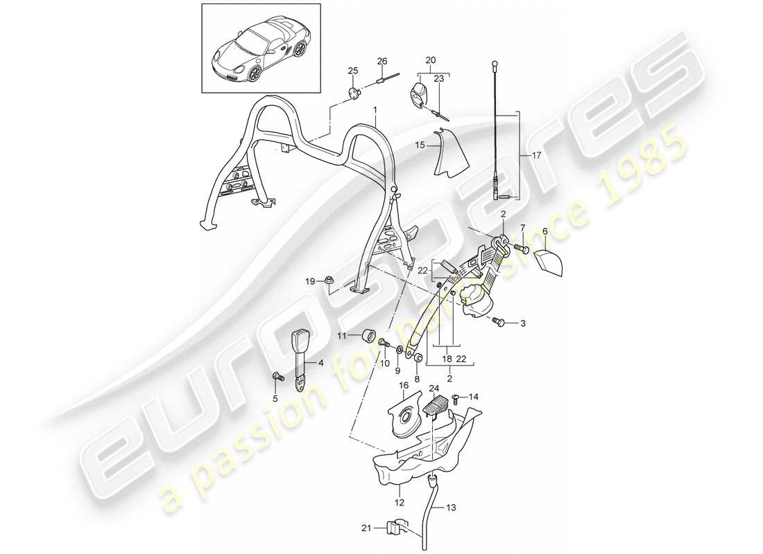 porsche 2011 (987 boxster) roll bar part diagram