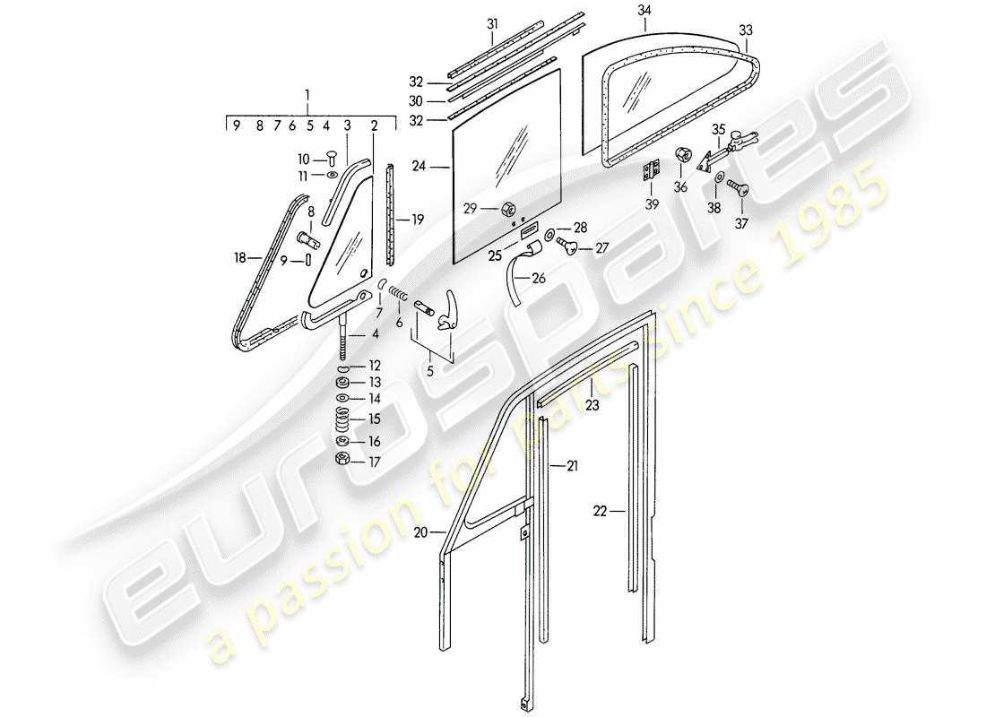 porsche 1950 (356/356a) side window - door window parts diagram