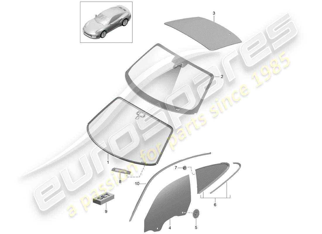 porsche 2017 (991-2 turbo) windshield glass part diagram