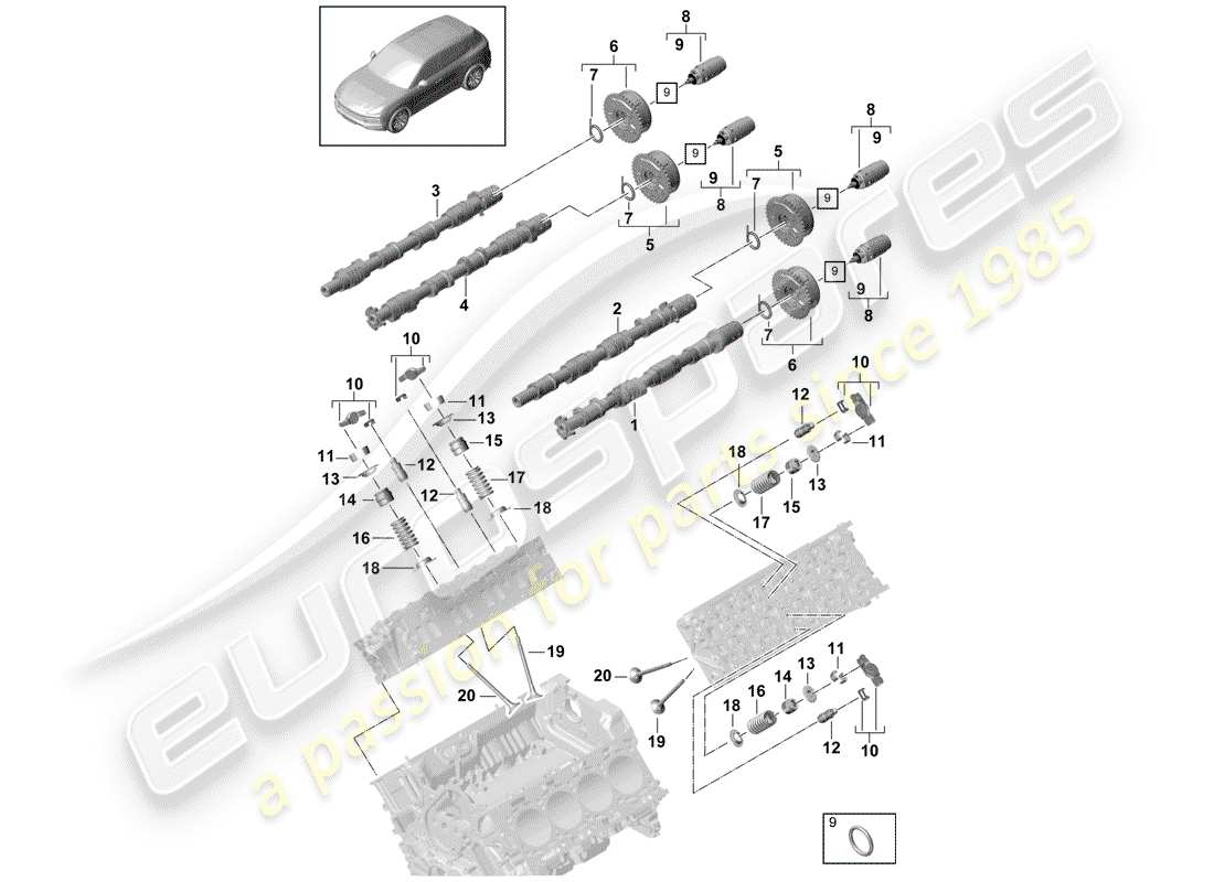 porsche 2018 (cayenne e3 9ya/9yb) camshaft, valves part diagram