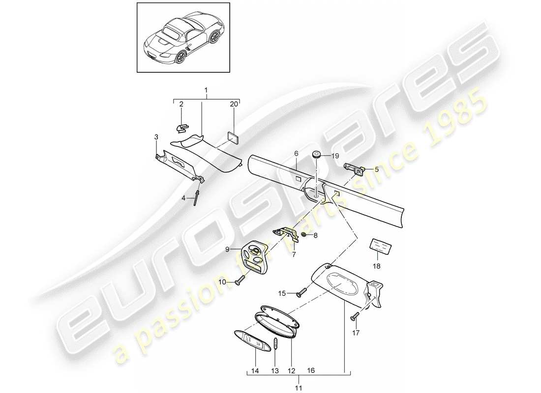 porsche 2005 (987 boxster) windshield frame part diagram