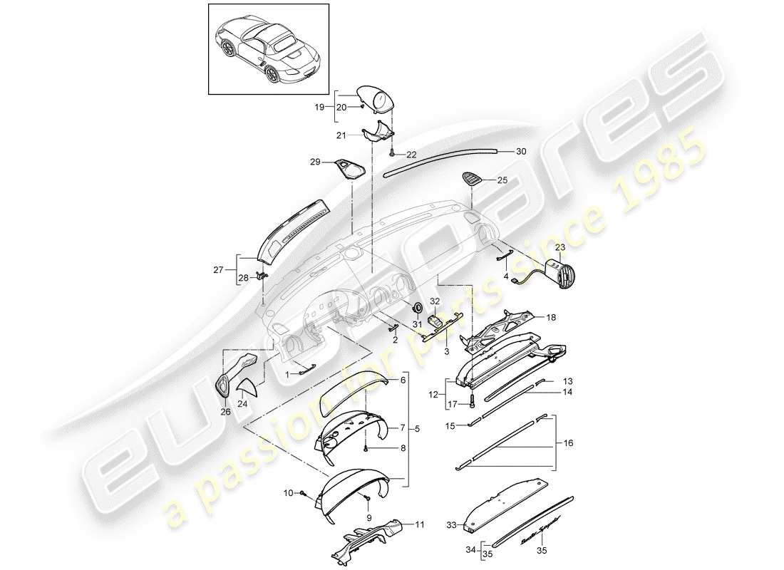 porsche 2011 (987 boxster) dash panel trim part diagram