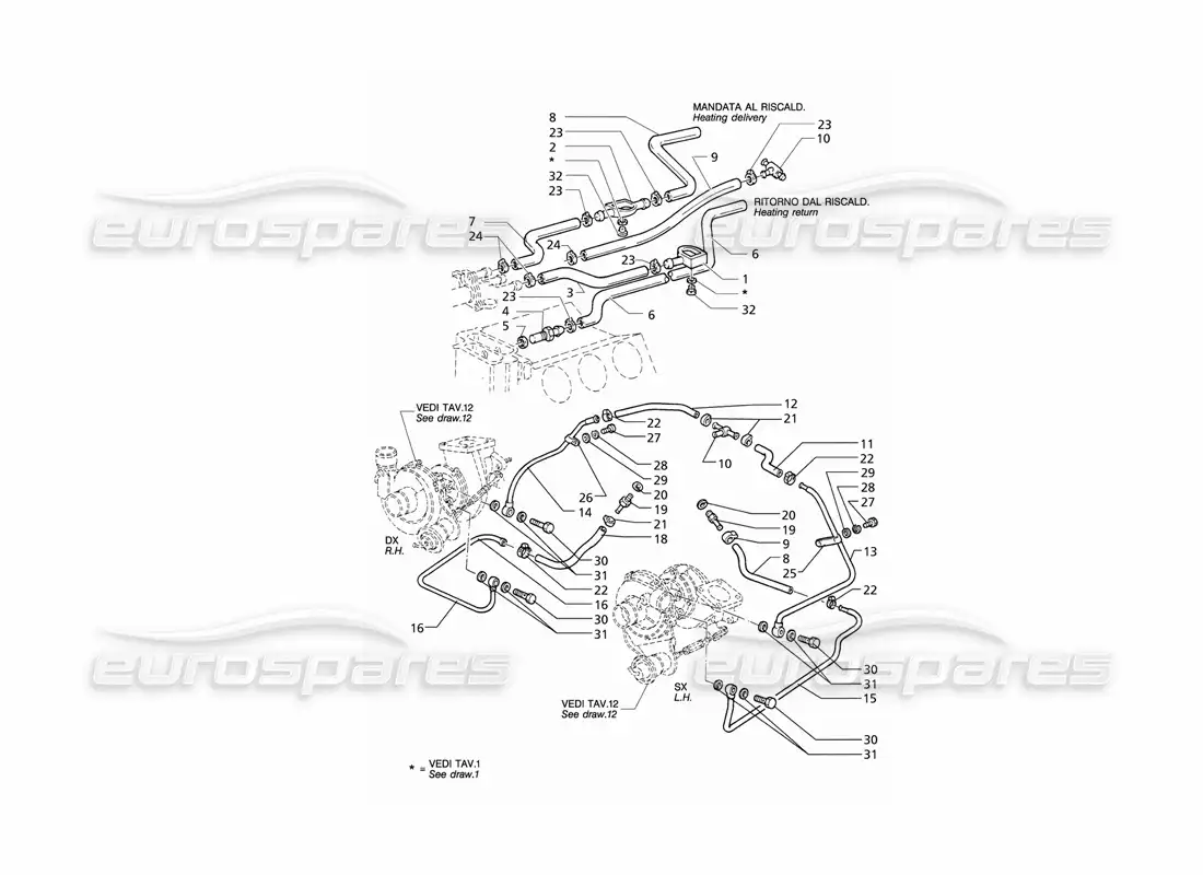 maserati qtp v6 (1996) engine cooling and cabin heating system (lhd) parts diagram