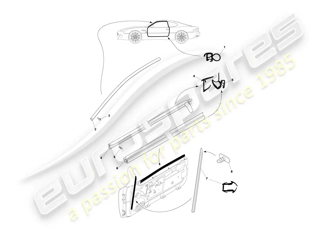 aston martin db7 vantage (1999) coupe door seals part diagram