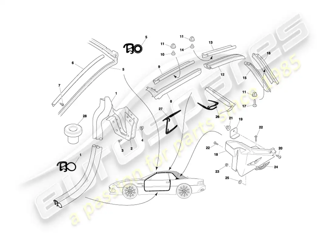 aston martin db7 vantage (1999) volante door & roof seals part diagram