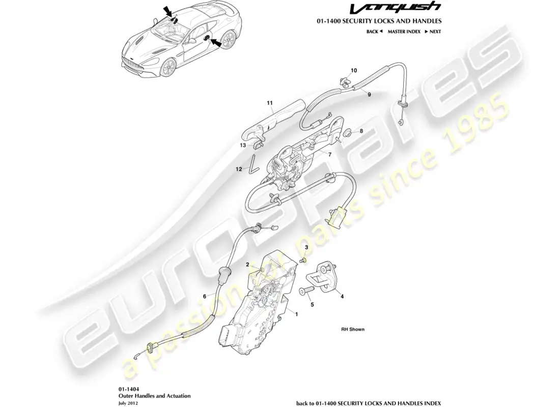 aston martin vanquish (2015) outer handles & actuation parts diagram