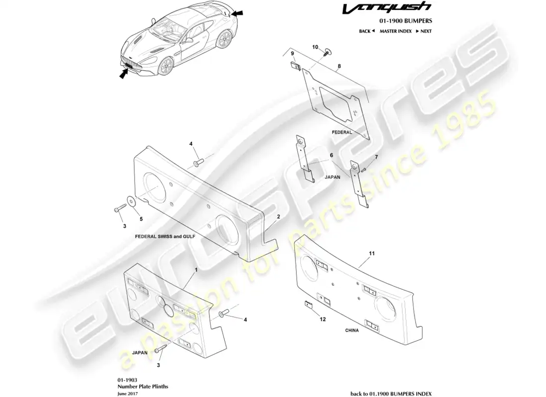 aston martin vanquish (2015) number plate plinths parts diagram