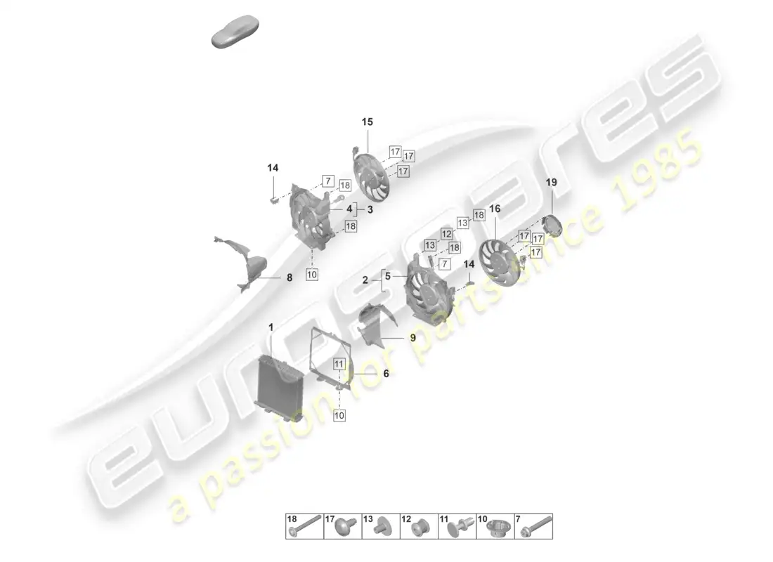 porsche 2022 (taycan 9j1-1) coolant radiator with radiator fan parts diagram