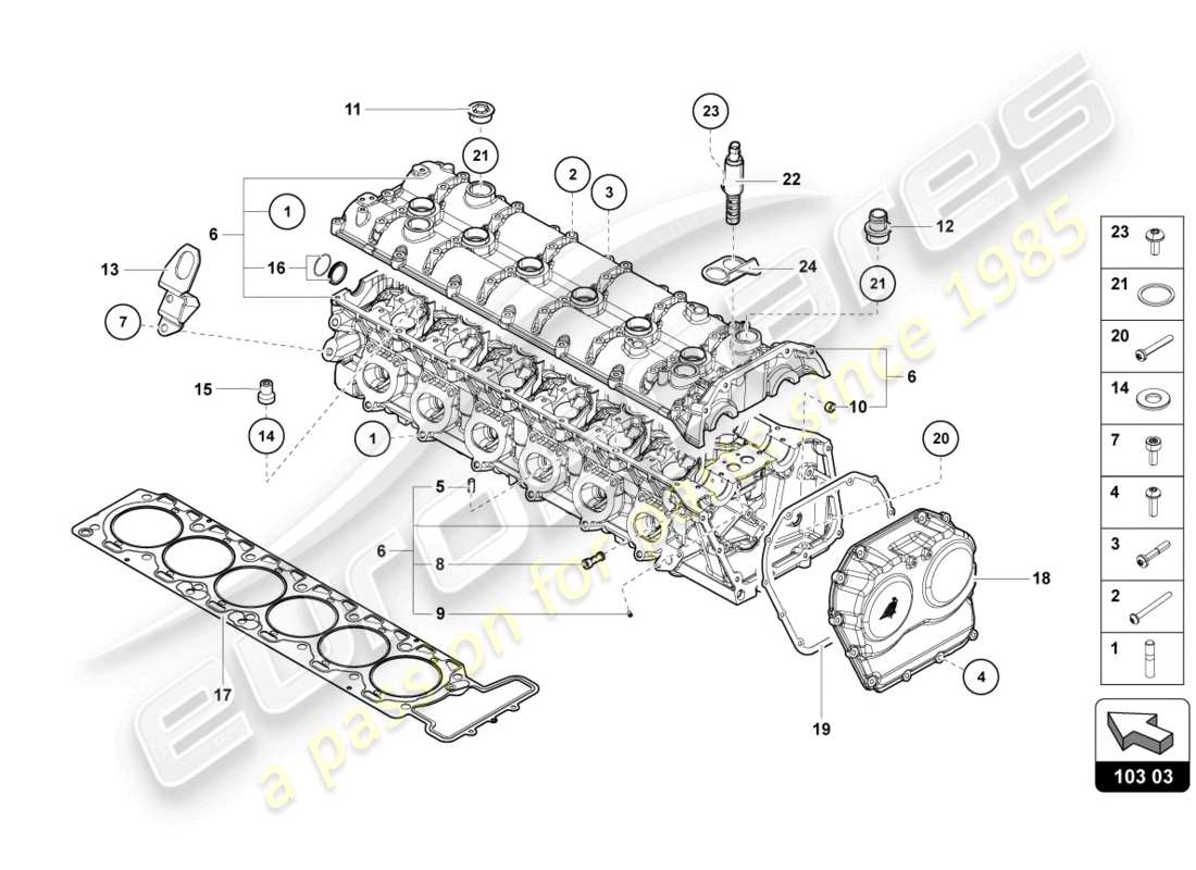 lamborghini lp740-4 s roadster (2018) cylinder head with studs and centering sleeves parts diagram