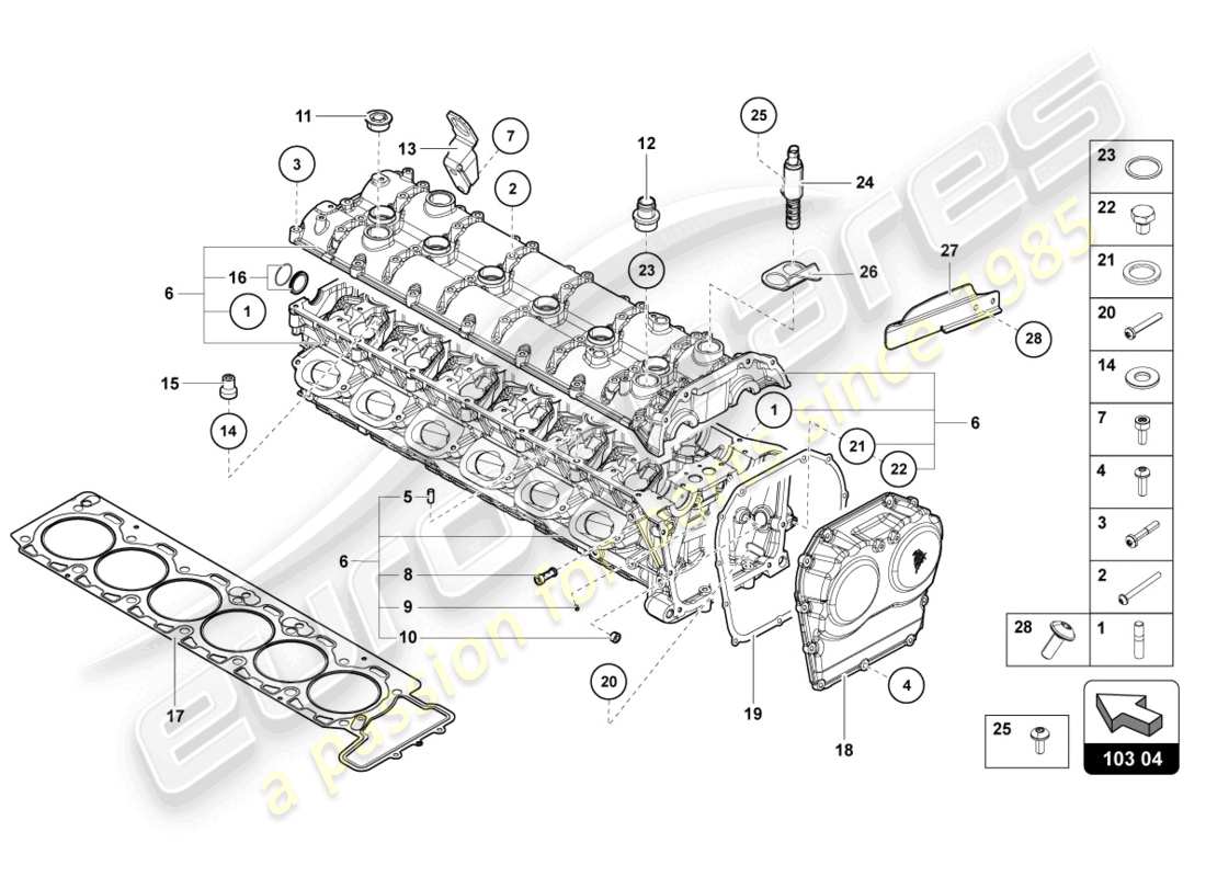 lamborghini lp740-4 s roadster (2018) cylinder head with studs and centering sleeves parts diagram