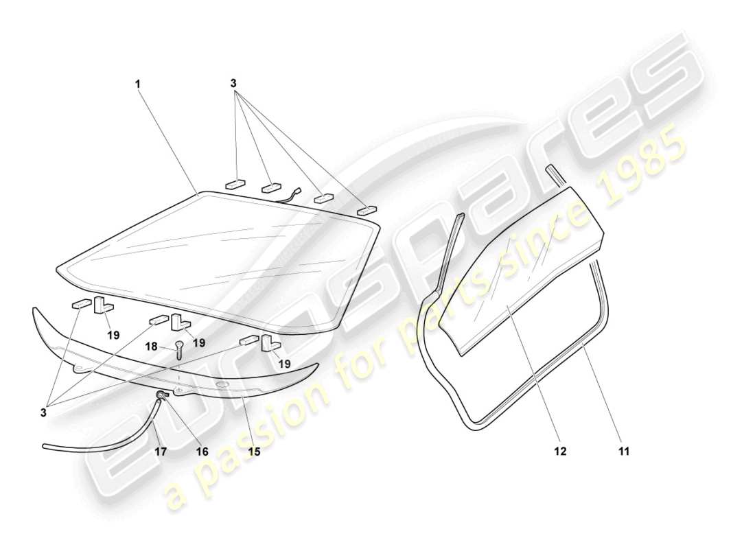 lamborghini murcielago roadster (2006) window glasses part diagram