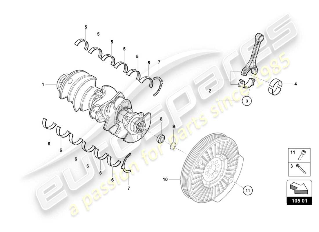 lamborghini evo coupe (2020) crankshaft with bearings part diagram