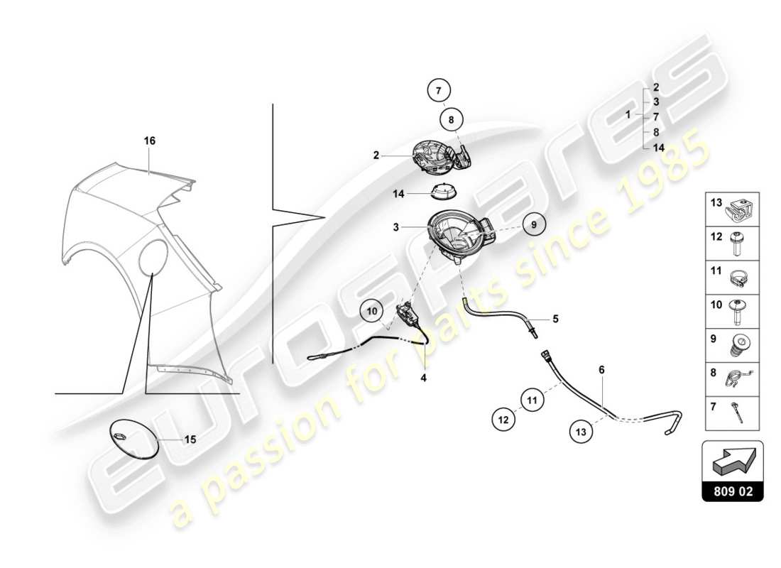 lamborghini evo spyder (2020) fuel filler flap parts diagram