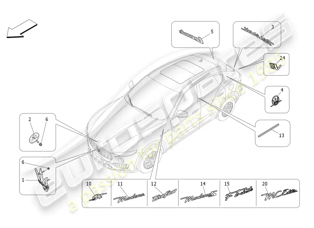 maserati levante modena (2022) trims, brands and symbols parts diagram