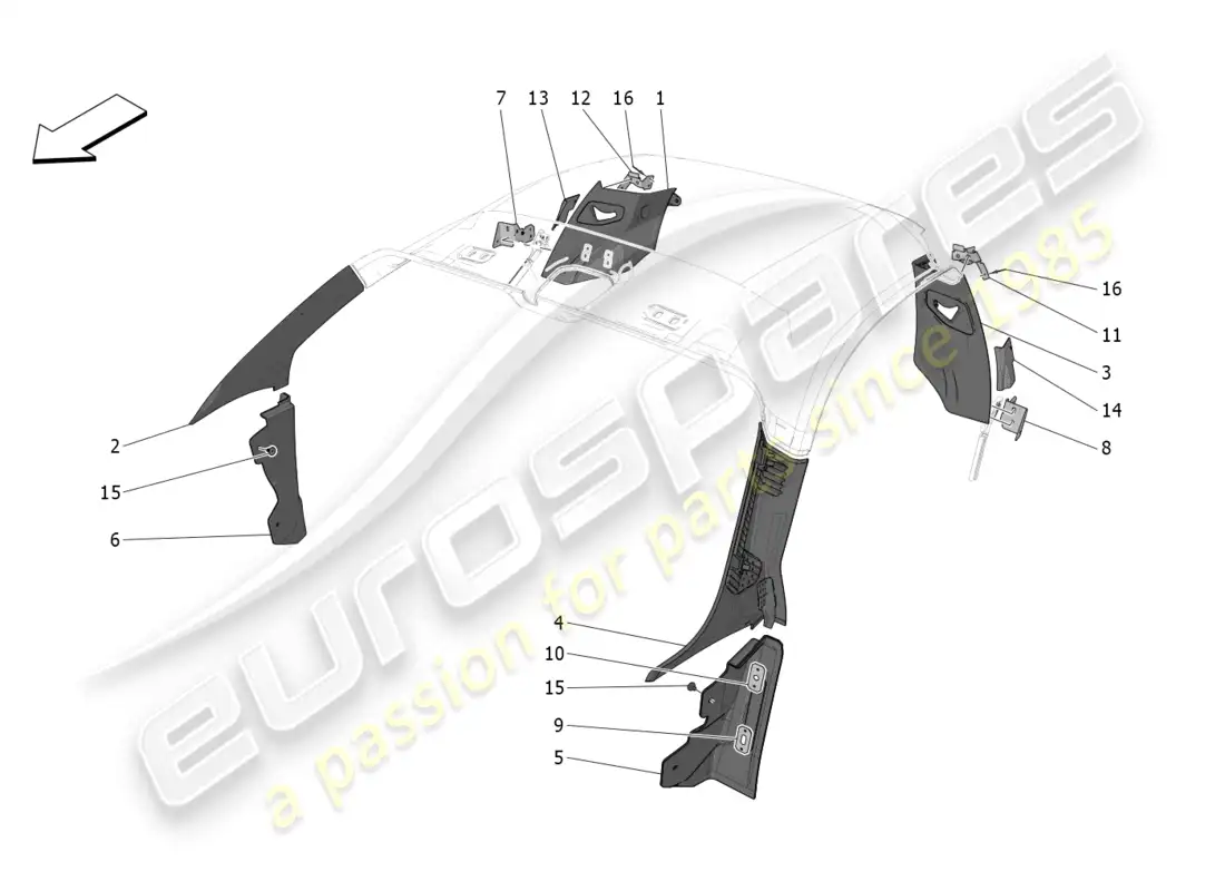 maserati mc20 (2022) passenger compartment b pillar trim panels and side panels parts diagram