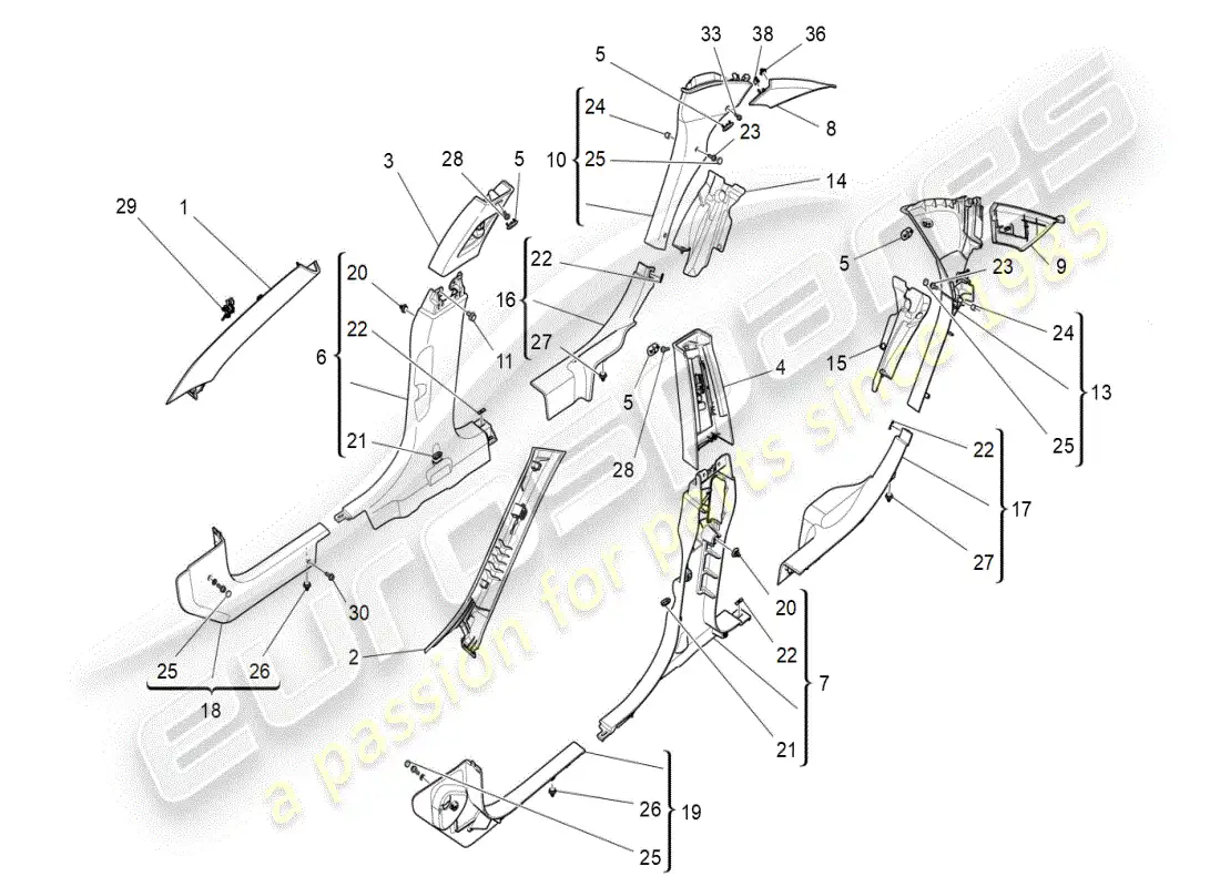 maserati ghibli (2019) passenger compartment b pillar trim panels and side panels parts diagram