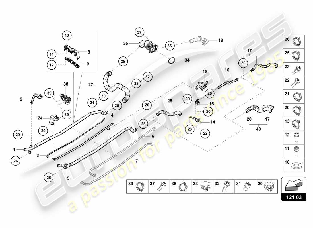 lamborghini performante coupe (2018) coolant hoses and pipes center parts diagram
