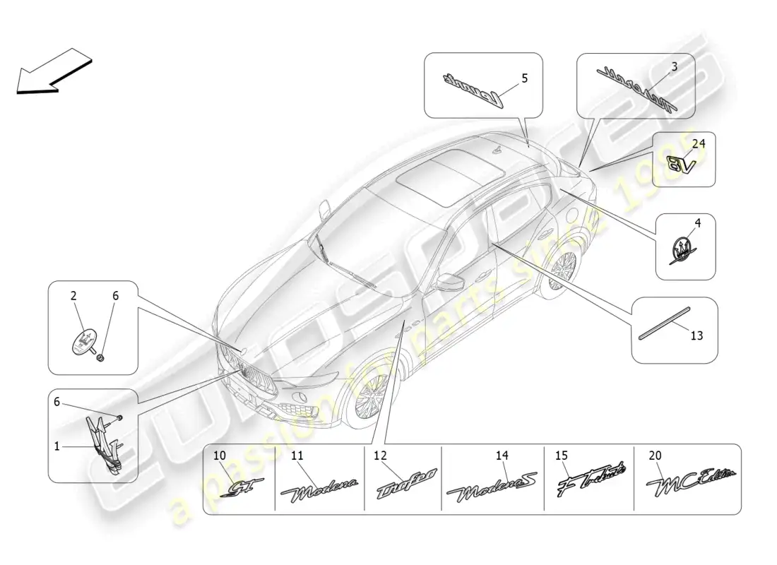 maserati levante gt (2022) trims, brands and symbols parts diagram