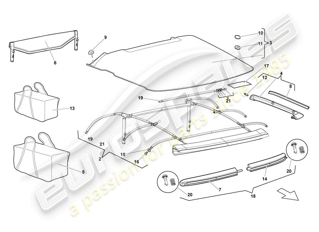 lamborghini murcielago roadster (2005) cover - top parts diagram