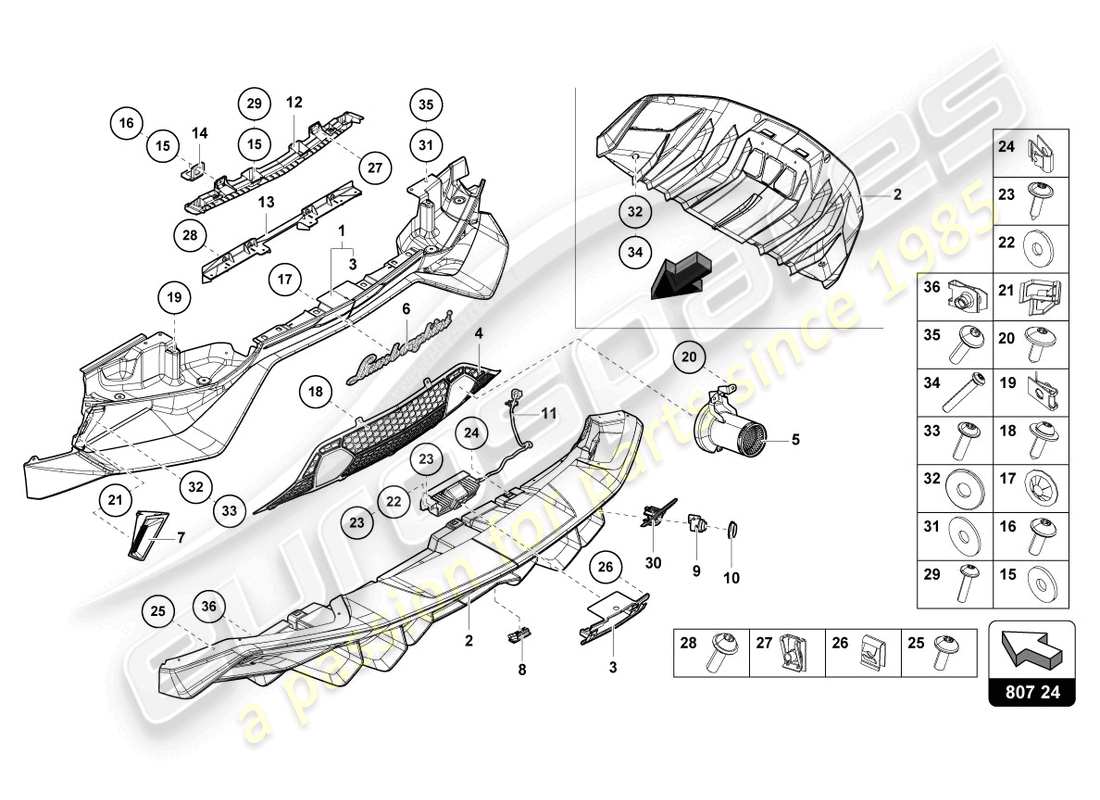 lamborghini lp770-4 svj coupe (2021) bumper, complete rear parts diagram