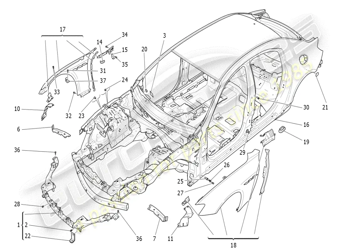 maserati ghibli (2019) bodywork and front outer trim panels parts diagram