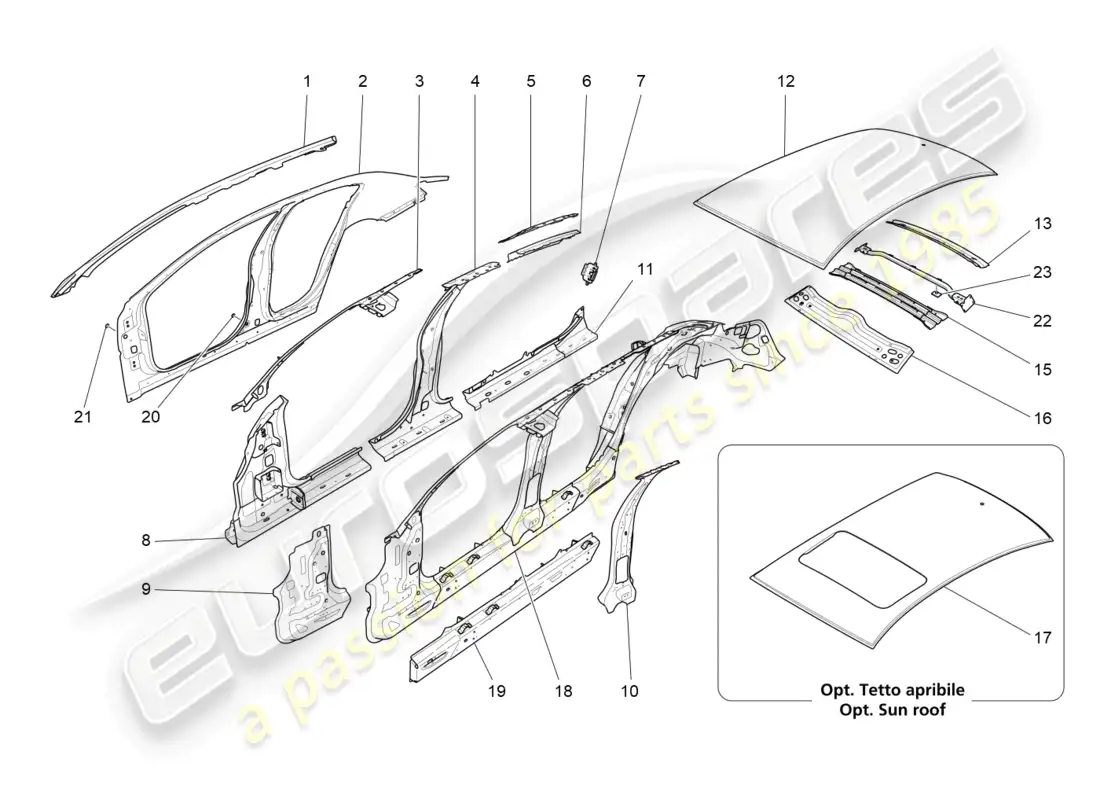 maserati ghibli (2014) bodywork and central outer trim panels parts diagram