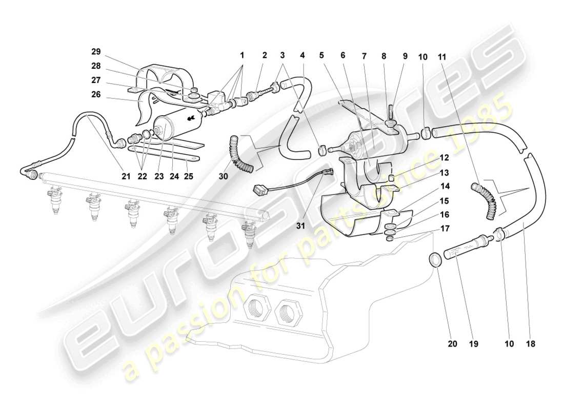 lamborghini murcielago coupe (2003) fuel line with breather pipe part diagram