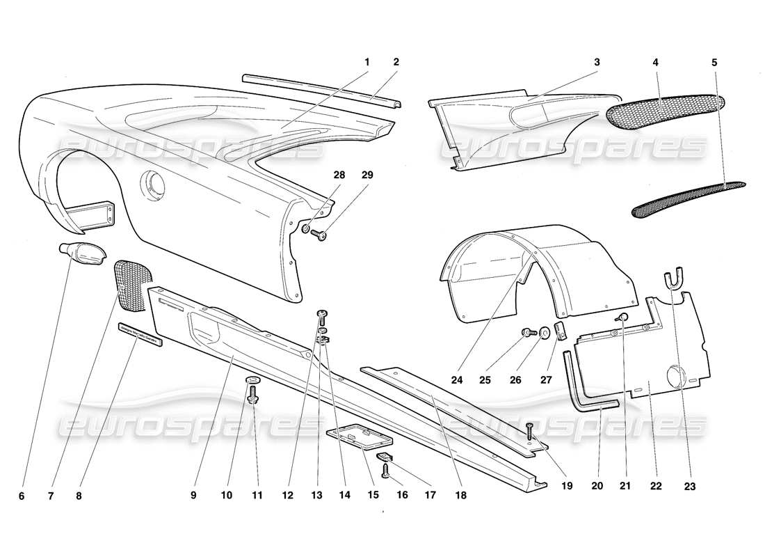 lamborghini diablo sv (1997) body elements - right flank parts diagram