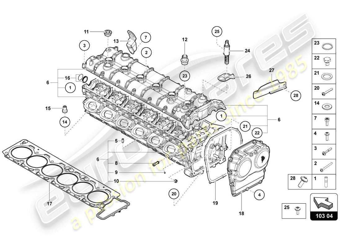 lamborghini lp720-4 coupe 50 (2014) cylinder head with studs and centering sleeves parts diagram