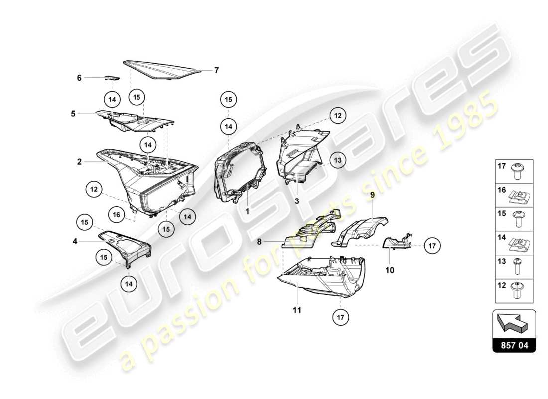 lamborghini evo spyder (2020) instrument housing for rev counter and daily distance recorder part diagram