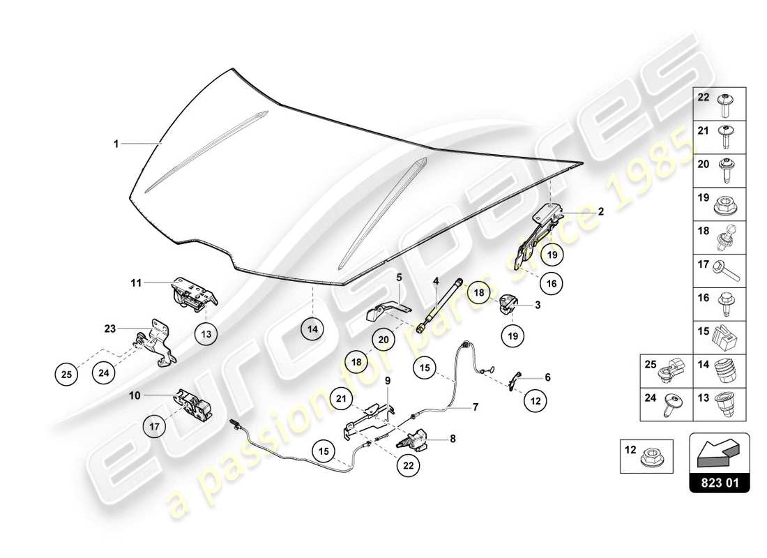 lamborghini evo coupe (2020) bonnet part diagram