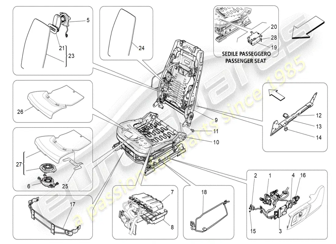 maserati ghibli (2019) front seats: mechanics and electronics parts diagram