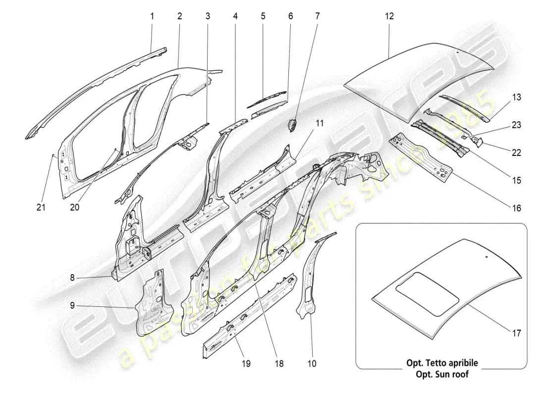 maserati ghibli (2019) bodywork and central outer trim panels parts diagram