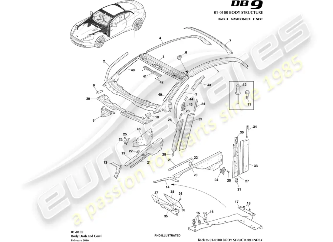 aston martin db9 (2015) body dash & cowl, coupe parts diagram