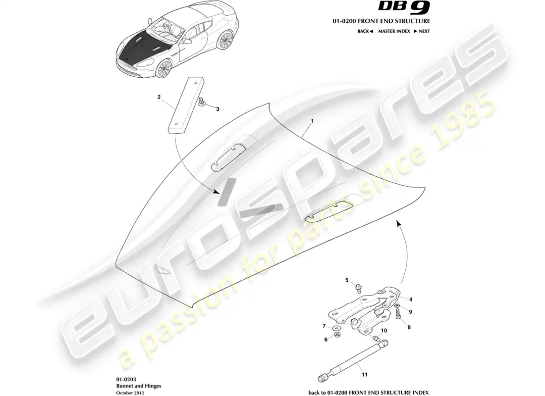 aston martin db9 (2015) bonnet and hinges parts diagram