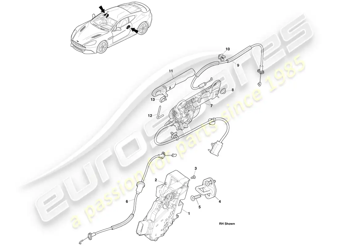 aston martin vanquish (2014) outer handles & actuation parts diagram