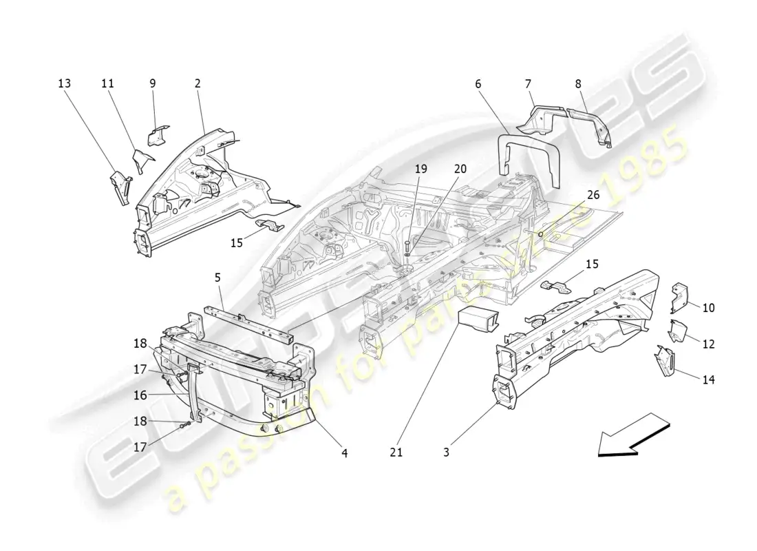 maserati granturismo mc stradale (2012) front structural frames and sheet panels parts diagram