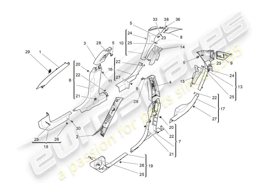 maserati ghibli (2015) passenger compartment b pillar trim panels and side panels parts diagram